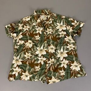 Classic Elements Button Up Shirt Women's Plus Size 16/18W Floral Brown‎ Green